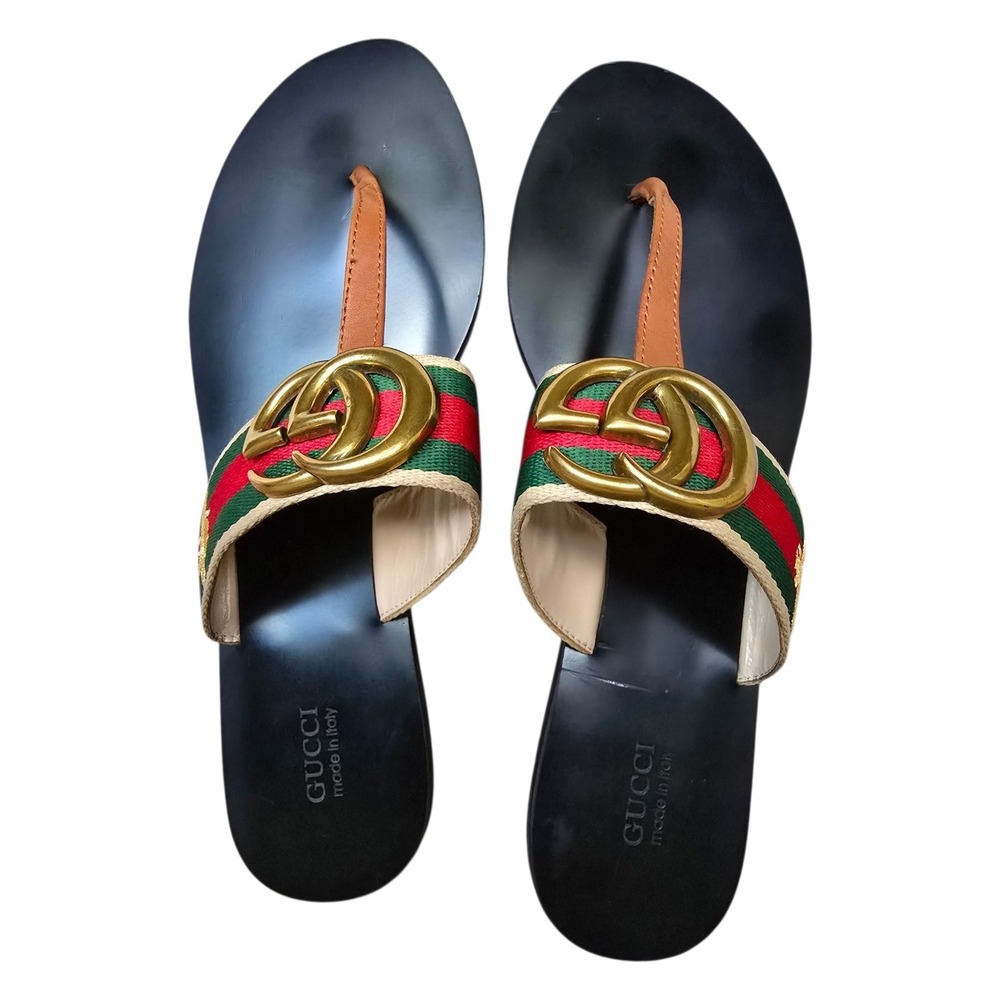 Gucci Kika Bee Web Thong Sandals GG Interlocking Logo Slides Black Leather US 12